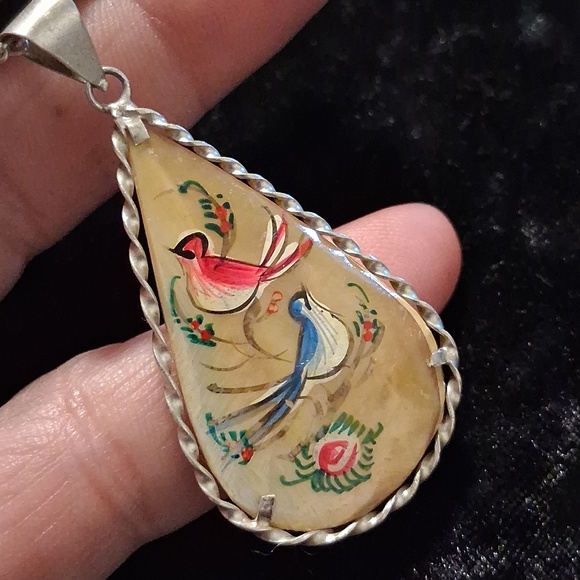 Vintage Handcrafted Persian Silver Pendant with Colorful Bird Design. 18 In Long - Picture 2 of 8